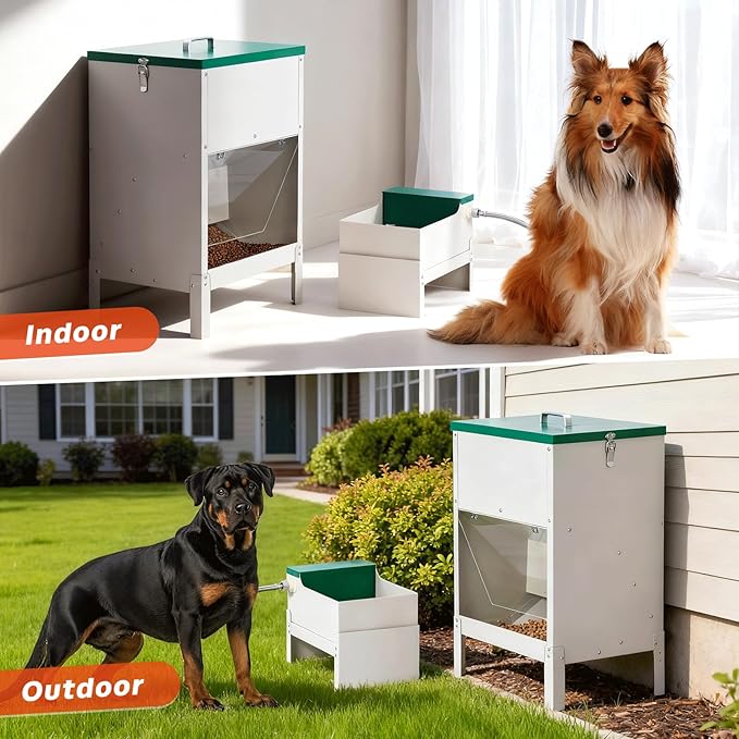 38L Automatic Dog Feeder and 6L Water Bowl Dispenser,Auto Dog Waterer Large Capacity Metal Gravity Dry Food Feeder with 3.94" Stand Outdoor Station for Large Breed Big Dogs Cat Pet