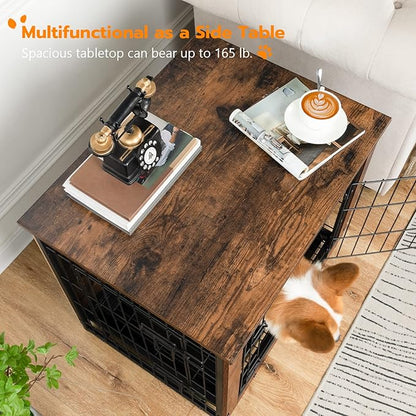Dog Crate Furniture, 25.5" Small Dog Kennel Indoor, Wooden Cage with Pull-Out Tray, Double Doors Pet House Side End Table for Small/Medium Dogs, Rustic Brown BF642GW03G1