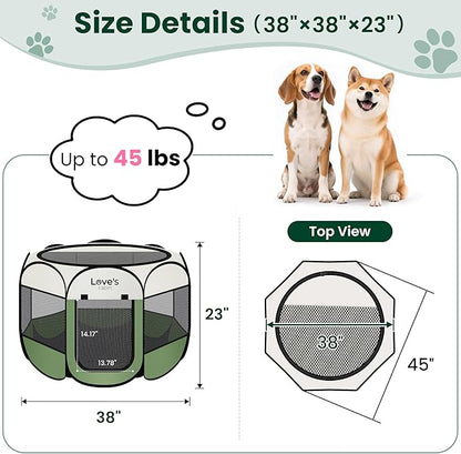 Love's cabin Pet Puppy Dog Playpen, Large Dog Tent Crates Cage Indoor/Outdoor, Portable Playpen for Cat, Foldable Pop Up Dog Kennel Playpen with Carring Case, Removable Zipper Top, Olive Green