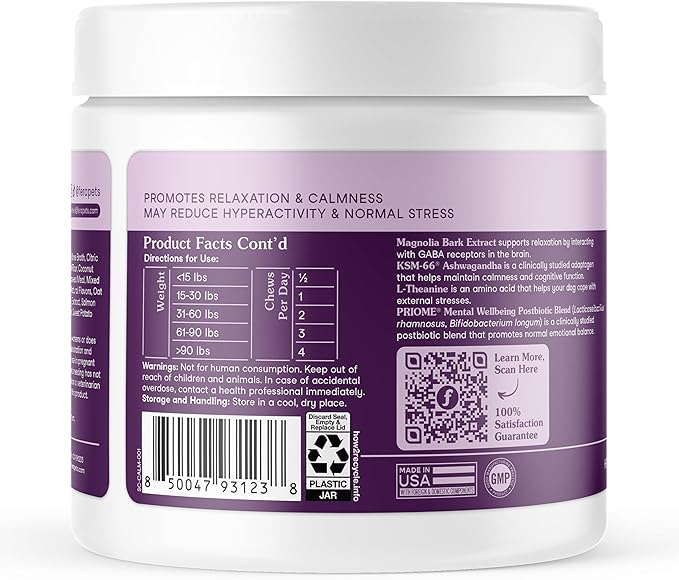 Fera Pets Dog Calming Chews - Helps Manage Everyday Stress & Separation - Promotes Relaxation - Ashwagandha & Priome® Mental Wellbeing Postbiotic Blend - 30 Soft Chews