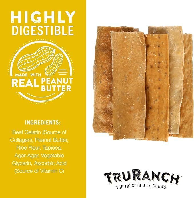 TRURANCH Collagen Chips - Collagen Dog Treats - Long Lasting Healthy Joint Support - Rawhide Alternative Chips - Skin & Coat Health - Made with Real Peanut Butter, Value Pack, 3 Bag, 1.5 lbs