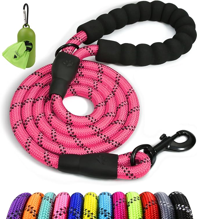 Taglory Rope Dog Leash 6 FT with Comfortable Padded Handle, Highly Reflective Threads Leash and Anti-Tangle Clip for Walking Small Dogs, 3/8 inch, Pink