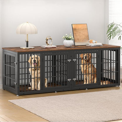 rehomerance 78 Inch Double Dog Crate Furniture, Heavy Duty Extra Large Cage Furniture with Divider for 2 Dogs, Decorative Wooden Kennel Furniture Indoor, Metal Pet House for Large and Medium Dogs