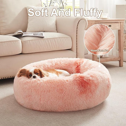 30 inches Donut Dog Bed for Medium Dogs,Calming Fluffy Round Pet Bed with Removable & Washable Cover,Fits up to 45 lbs Pets(Tie-dye Pink,Medium)
