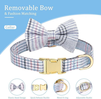 Beirui Cute Small Dog Harness Collar and Leash Set with Bowtie, Soft Adjustable Plaid Puppy Harness for Small Sized Dogs Cats Walks Parties and Photoshoots(Blue,S:Chest 17-23")