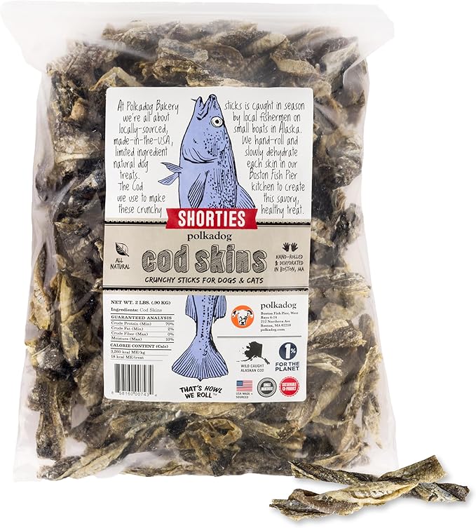 Polkadog Cod Skins for Dogs (2lb Shortie) - Single Ingredient, Wild-Caught Fish Skin Natural Dog Treat Chews. High in Lean Protein & Omega 3. Hypoallergenic, Grain Free. Handcrafted & Made in USA