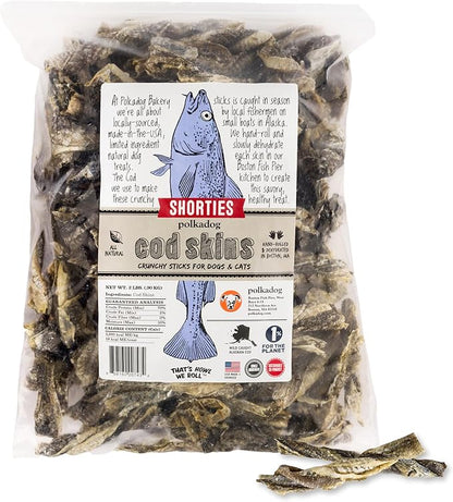 Polkadog Cod Skins for Dogs (2lb Shortie) - Single Ingredient, Wild-Caught Fish Skin Natural Dog Treat Chews. High in Lean Protein & Omega 3. Hypoallergenic, Grain Free. Handcrafted & Made in USA