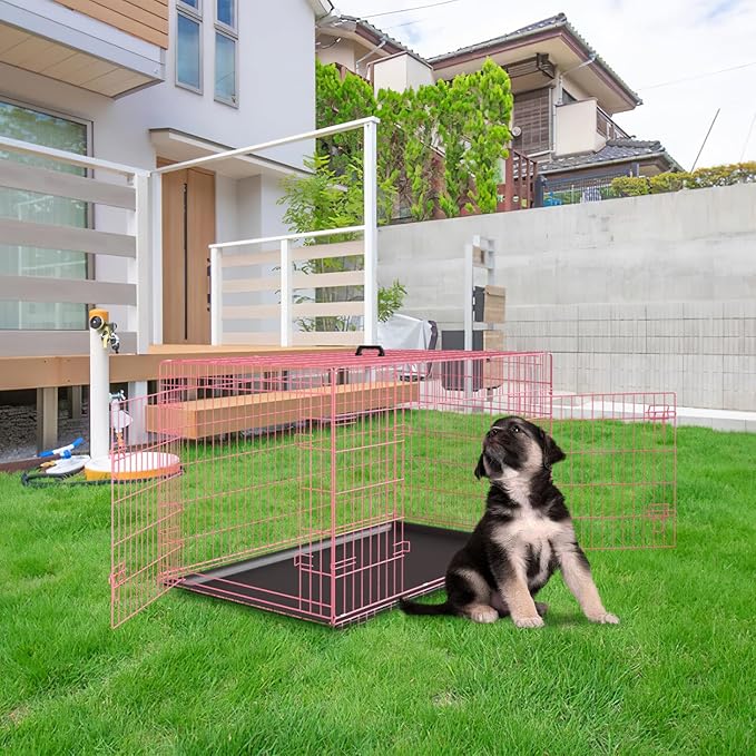 PayLessHere Small Dog Crate Kennel 24 inches Metal Dog Cage Double-Door Folding Travel Indoor Outdoor Puppy Playpen with Divider and Handle Plastic Tray,Pink