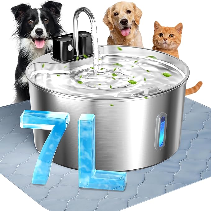 Cordless Dog Water Fountain with Silicone Mat, 7L/236oz Stainless Steel Automatic Dog Water Dispenser for Large Dogs, Multi-Filtration Pet Fountain & Ultra-Quiet Pump