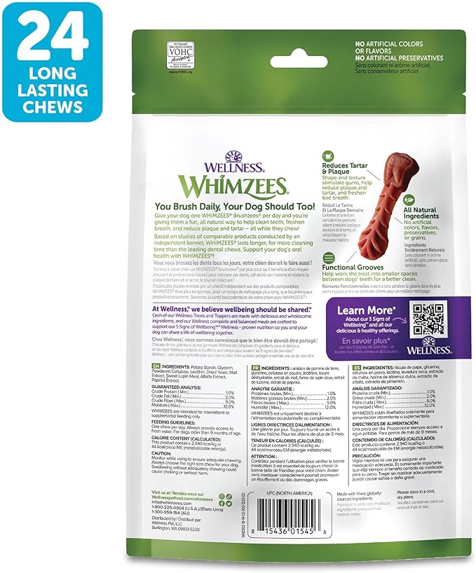 Whimzees Wellness Brushzees Dog Dental Treat, VOHC Accepted Chews, Freshens Breath, Small Size, 12.7 oz Bag, 24 Count
