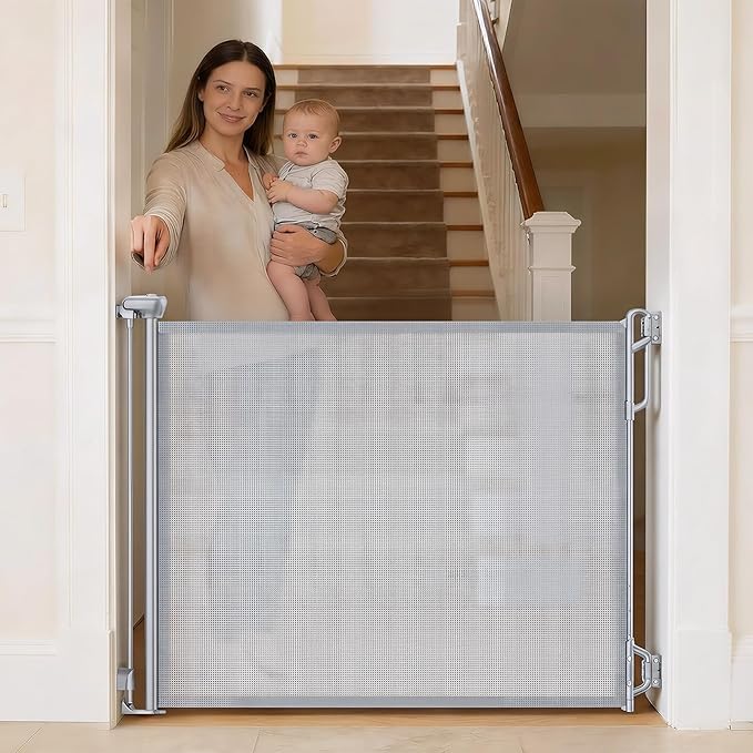 SPACEANY Retractable Safety Baby Gate or Mesh Dog Gate,Durable Portable Mesh Retractable Gate,Easy to Use for Stairs, Doorways, Hallways, Indoor, Outdoor, 33.5" Tall, Up to 45" Wide, Gray