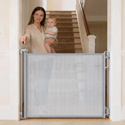 SPACEANY Retractable Safety Baby Gate or Mesh Dog Gate,Durable Portable Mesh Retractable Gate,Easy to Use for Stairs, Doorways, Hallways, Indoor, Outdoor, 33.5" Tall, Up to 45" Wide, Gray