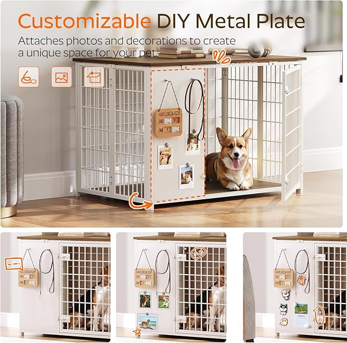 YATINEY Foldable Dog Crate Furniture, Dog Crate with DIY Frame, Heavy Duty Dog Kennel Indoor with Hooks, Wooden Dog Cage End Table, for Small/Medium Dogs, White and Walnut DC95WH