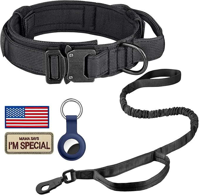 DAGANXI Tactical Dog Collar Leash Set, Adjustable Military Training Nylon Dog Collar with Controll Handle and Heavy Metal Buckle for Medium and Large Dogs，with Patches and Airtags Case (M, Black-Set)