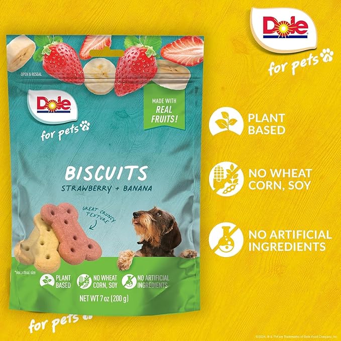 Dole for Pets Dog Biscuits Assorted Banana + Strawberry Mix, Real Fruit Flavor Vegan Crunchy Treats, No Wheat Corn Soy or Artificial Additives, Bite Size Training Snacks for Dogs, 7 Oz - 2 Pack