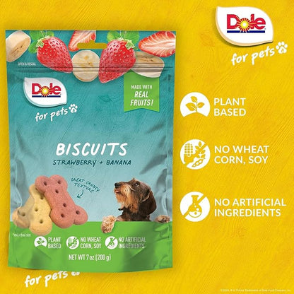 Dole for Pets Dog Biscuits Assorted Banana + Strawberry Mix, Real Fruit Flavor Vegan Crunchy Treats, No Wheat Corn Soy or Artificial Additives, Bite Size Training Snacks for Dogs, 7 Oz - 2 Pack