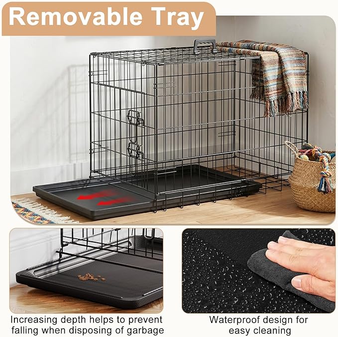 FDW 30inch Dog Crate Pet Cage with Metal Folding Design Plastic Tray Indoor Outdoor Dog Kennel Cage for Small and Medium Dogs,Black