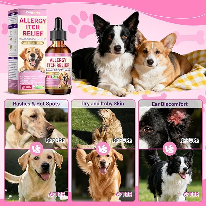 Wagmee Allergy Relief Drops for Dogs, Dog Itchy Skin Relief & Natural Anti Itch Yeast with Omega-3, Turmeric for Dogs Ears Paw Relief - Dog Seasonal Allergies, Skin & Coat Immune Supplement