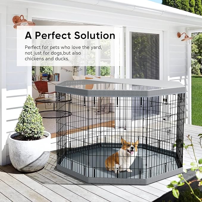 PJYuCien Dog Playpen with Top Cover and Bottom Pad - Metal Foldable Exercise Pen, 8 Panels 42" H x 24" W Indoor Outdoor Pet Fence Puppy Crate Kennel, Gray