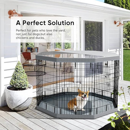 PJYuCien Dog Playpen with Top Cover and Bottom Pad - Metal Foldable Exercise Pen, 8 Panels 42" H x 24" W Indoor Outdoor Pet Fence Puppy Crate Kennel, Gray