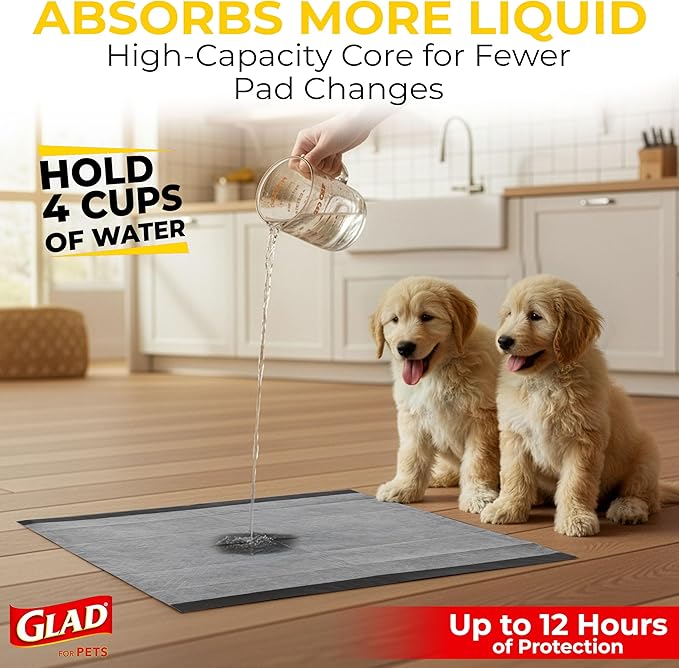 Glad for Pets Black Charcoal Puppy Pads - Super Absorbent Disposable Dog Pee Pads, Potty Training Pads, and Pet Supplies - Dog Pee Pads for Crate Training and Indoor Use 23" x 23" - 100 Count