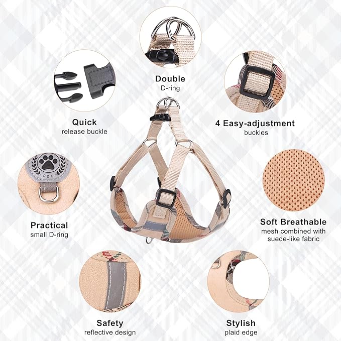 BEAUTYZOO Step in Dog Harness Collar and Leash Set for Small Medium Large Dogs, No Pull No Choke Puppy Harness,Soft Mesh Reflective Pet Padded Vest Adjustable for Doggie Girl or Boy,Chihuahua,Beige XS