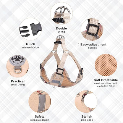 BEAUTYZOO Step in Dog Harness Collar and Leash Set for Small Medium Large Dogs, No Pull No Choke Puppy Harness,Soft Mesh Reflective Pet Padded Vest Adjustable for Doggie Girl or Boy,Chihuahua,Beige XS