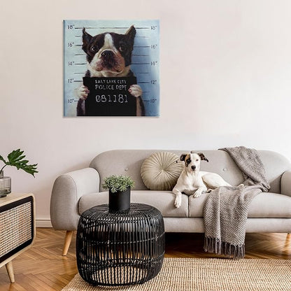 Stupell Industries Funny Boston Terrier Dog Jail Convicted Police, Design by Lucia Heffernan,Blue
