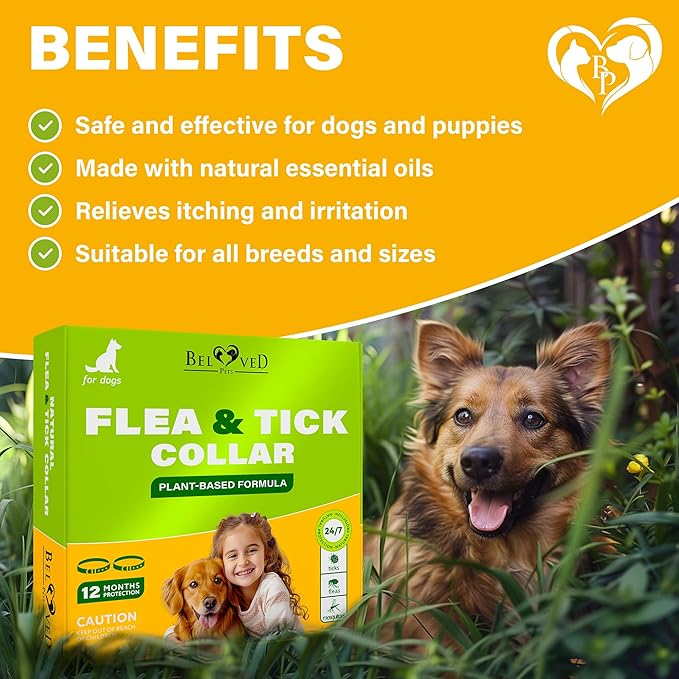 Natural Flea & Tick Repellent Collar for Dogs – Plant-Based, Waterproof, 6-Month Pest Protection – Adjustable, Safe (1 Pack, 2 Count)