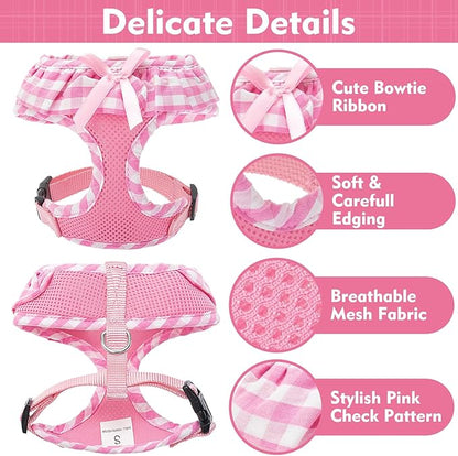 EXPAWLORER Cute Dog Harness and Leash Set - Pink Girl Dog Harness Checkered Step-in Design, Easy Adjustable No-Choke Lightweight Breathable Vest for Puppy Small Dogs Cats Outdoor Walking, X-Small