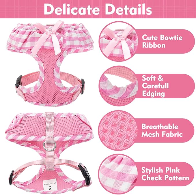 EXPAWLORER Cute Dog Harness and Leash Set - Pink Girl Dog Harness Checkered Step-in Design, Easy Adjustable No-Choke Lightweight Breathable Vest for Small Medium Dogs Outdoor Walking, Medium