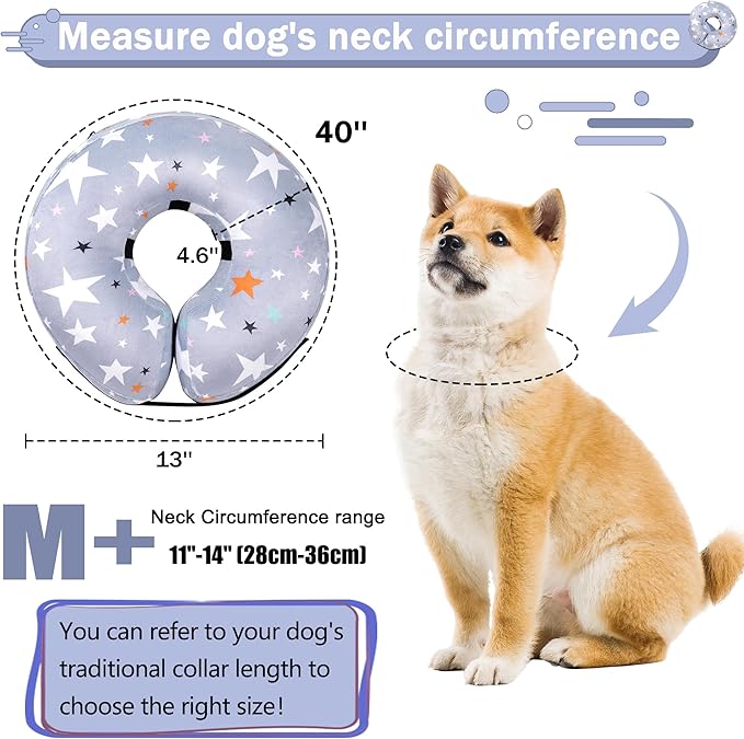 Recovery Donut Collar for Dogs & Cat,Inflatable Dog Cone Collar Alternative After Surgery,Soft Cone for Large Medium Small Dog,Adjustable Pet Neck Donut(Grey Star,Medium+