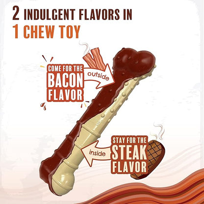 Nylabone Power Chew Basted Blast Dual Flavored Dog Chew Toys for Aggressive Chewers - Durable Dog Bones with 2 Layers of Flavor - Bacon and Steak Flavor, Small/Regular (2 Count) (Pack of 2)