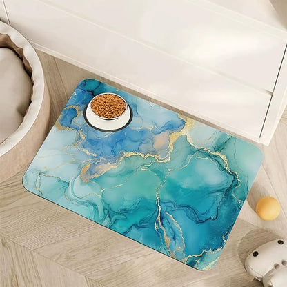 Marble Dog Cat Food Mat,Blue Teal Turquoise Gold Absorbent Pet Feeding Mat with Rubber Backing,Non-Slip Water Bowl Placemat,Indoor Pet Accessories Supplies 16"x24"