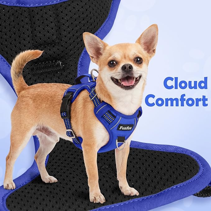 Funfox Dog Harness Medium No Pull, Adjustable 2 Clips Anti-Pull Vest with Practical Handle, Breathable Padded Pet Harness Designed for Small/Large Breeds, Reflective Training Walking Blue M