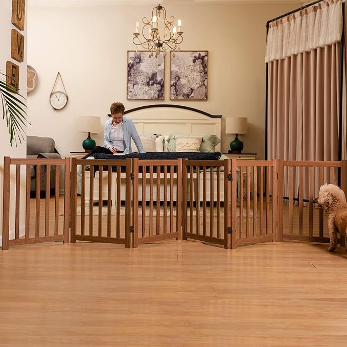 LZRS 6-Panel Extra-Wide Freestanding Wooden Dog Gate Indoor – 24”High Foldable Safety Pet Barrier for Doorways, Hallways, Kitchens, and Long Staircases, Durable Design fit Small to Medium Dogs, Oak