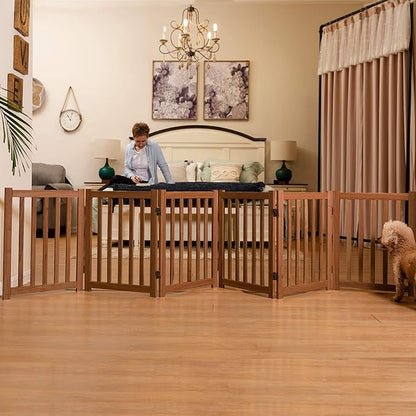 LZRS 6-Panel Extra-Wide Freestanding Wooden Dog Gate Indoor – 24”High Foldable Safety Pet Barrier for Doorways, Hallways, Kitchens, and Long Staircases, Durable Design fit Small to Medium Dogs, Oak