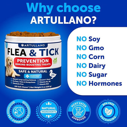 Flea and Tick Prevention for Dogs Chewables - Made in USA - Natural Flea and Tick Supplement for Dogs - 240 Immune Support Chews (2 Pack) - Vitamins B1, B6, B12 - All Breeds and Ages