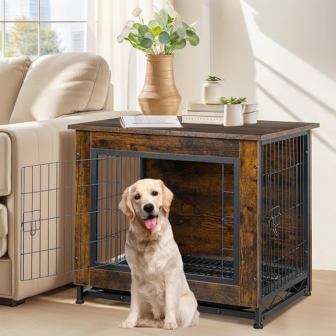 Shintenchi Wooden Dog Crate Furniture for Large Breed, L Double-Door Kennel Indoor with Removable Tray, End Table L Dog Crate for Decoration, 44.1" L, Brown