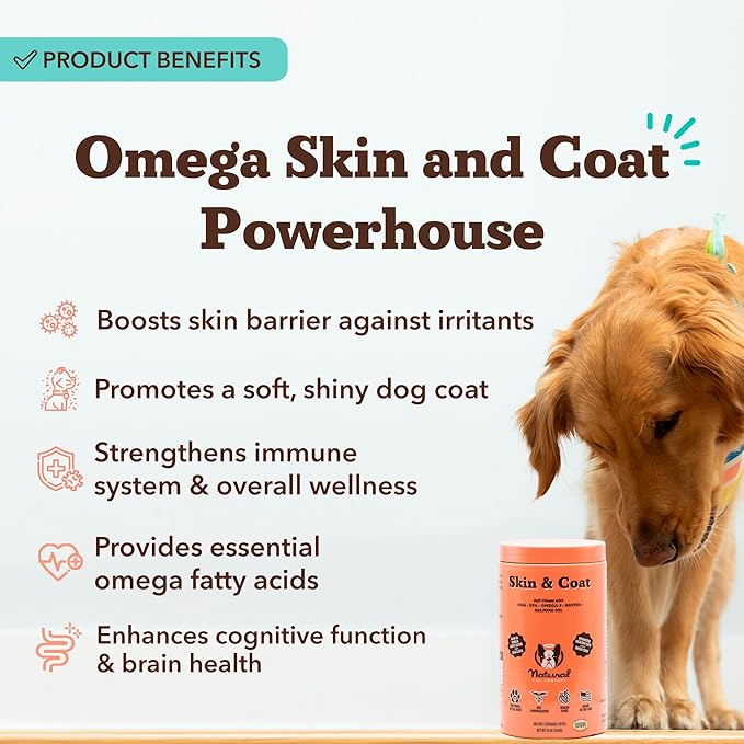 Natural Dog Company Skin & Coat Supplement Chew for Dogs – Omega 3 Salmon Oil, Biotin & Vitamin E Support Shiny Coat, Healthy Skin & Normal Shedding, Promotes Comfort from Occasional Itch, 180 Count