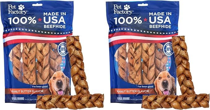 Pet Factory 7in Braided Beefhide Dog Chew Sticks with Peanut Butter Flavor - 100% USA Made Rawhide Chews for Medium Dogs,Long Lasting Dental Health,7 inches,6 Count (Pack of 2)