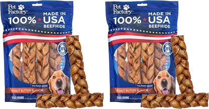Pet Factory 7in Braided Beefhide Dog Chew Sticks with Peanut Butter Flavor - 100% USA Made Rawhide Chews for Medium Dogs,Long Lasting Dental Health,7 inches,6 Count (Pack of 2)