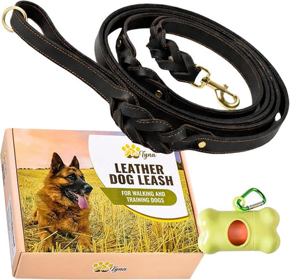 ADITYNA - Double Handle Leather Dog Leash 6ft - Heavy Duty Braided Dog Leash with Traffic Handle for Mastiff, Saint-Bernard, Rottweiler - Lead for Extra-Large Breeds (Black, Two Handles 6 Foot x 1")