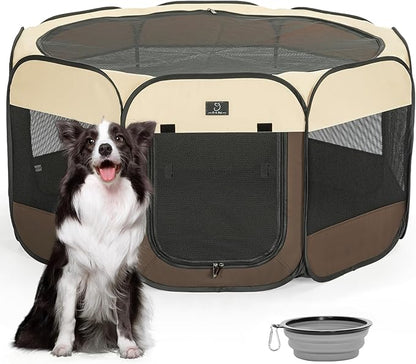 Dog Playpen for Small Dogs & Puppies, 50.39" Portable Indoor Outdoor Puppy Playpen with Bowl, Waterproof Floor, Foldable Pop-Up Pet Pen for Home, Travel & Daily Use, Brown+Beige