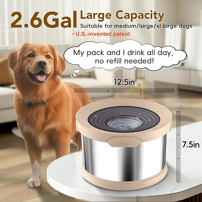 UPSKY Dog Water Bowl No Spill 10L Stainless Steel, 2.6 Gallon Large Capacity Spill-Proof Dog Bowls, Non-Slip Slow Drinking Anti-Splash Bowl for Large Messy Drinkers, No Mess Indoor/Outdoor Use, Beige