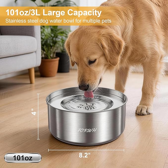Stainless Steel Dog Water Bowl No Spill, 101oz/3L Large Capacity Pet Water Dispenser with Floating Disk, Non-Slip Slow Drink Feeder for Cat, Anti-Gulping & Splash Proof for Travel, Car & Home