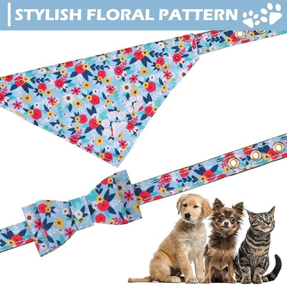 EXPAWLORER Dog Collar and Leash Set - Embroidery Floral Dog Bow Tie and Bandana Collar with Bell, Cute Flower Pet Collars and Rotating Leash No Tangle for Outdoor Walking, Blue S
