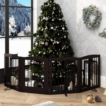 PUPETPO Freestanding Dog Gate with Door, Pet Gate for Stairs, 80 inch Wide Pet Barrier Indoor, Dog Fences Indoor, Support Feet Included, 4 Panels, 24" Tall, Dark Brown