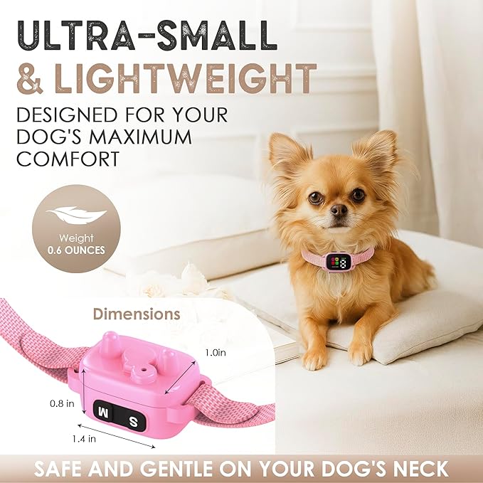 Tiny Bark Collar for Small Dogs 5-15 lbs and Puppies - No Shock Anti Barking Collar - Rechargeable Smart Collar for Dog Training with 7 Sensitivity Levels and 3 Beep&Vibration Modes (Pure Pink)