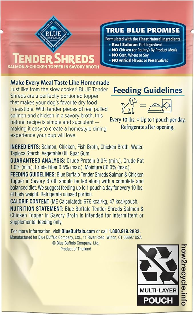 Blue Buffalo Tender Shreds Salmon & Chicken Toppers in Savory Broth, Natural Dog Food Complement, Salmon & Chicken, 2.5-oz. Pouch, 24-Count